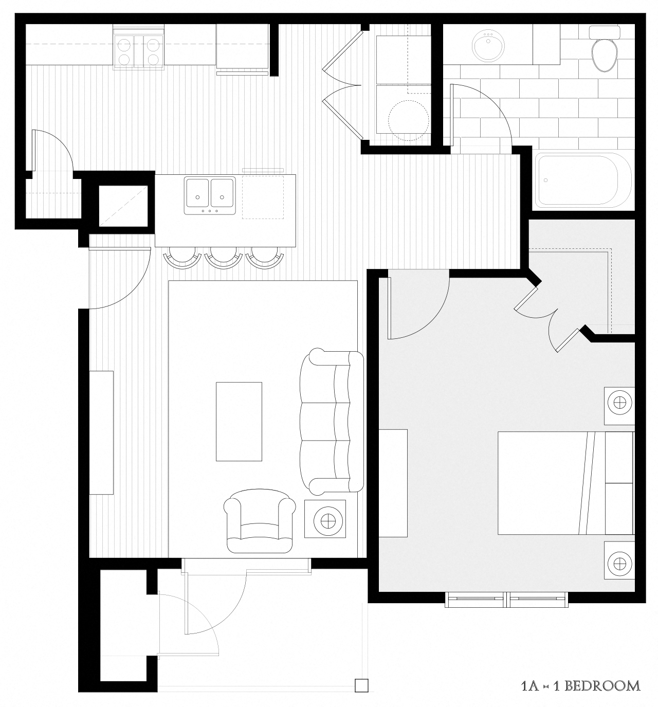 Floor plan for 1 bed, 1 bath, 768 sqft